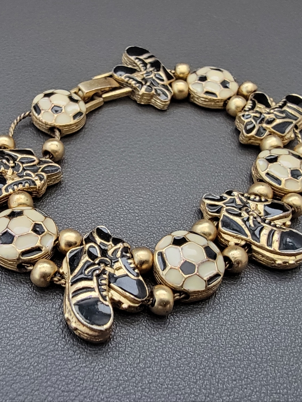 Vintage Soccer Charm Bracelet | Gold Tone Enamel Sneakers & Soccer Ball
